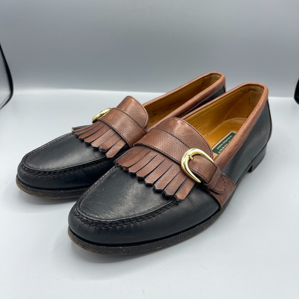 Cole Haan Loafers Mens 9.5D Black Brown Leather Cuban Heel Kiltie Buckle Detail